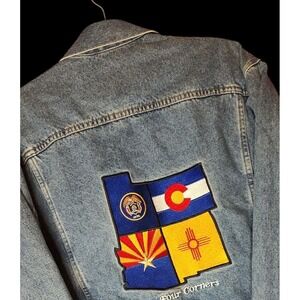 Vtg Blanket Lined Denim Chore Coat Embroidery 4 Corners USA Imus Small Baggy